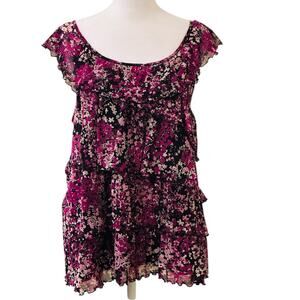 Apt. 9 Pink Floral Layered Ruffled Sleeveless Top Round Neck Cinched Back Size L